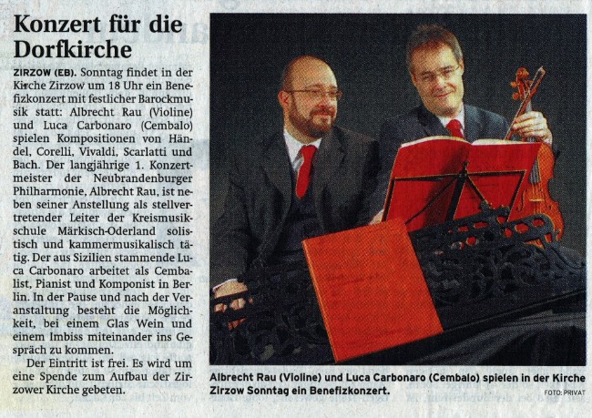 Albrecht Rau, Violine und Luca Carbonaro, Cembalo, Nordkurier, 17. Dezember 2009